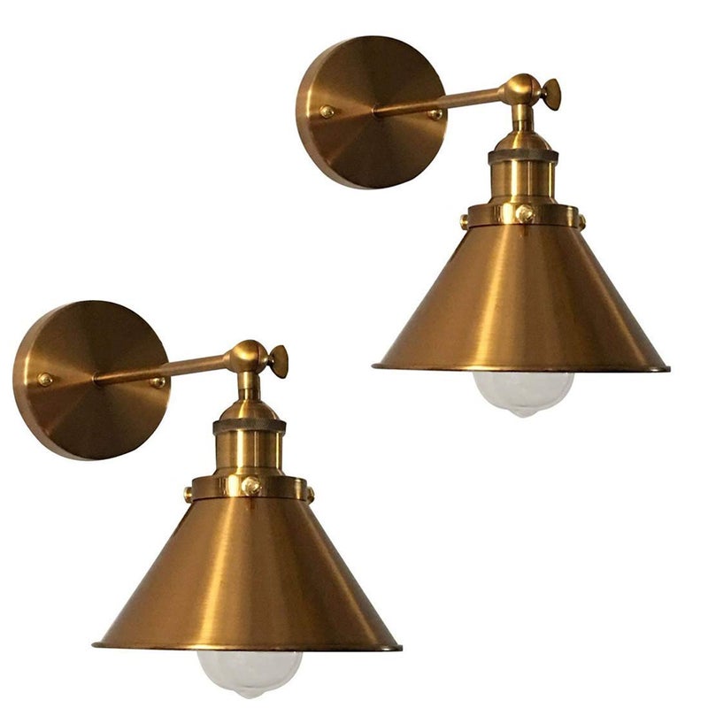 LITFAD 2 Pack Wall Lighting Fixture Adjustable Brass Finish 1 Light Wall Sconce 7.2" Retro Industrial Wall Lamp with Cone Shade for Bedroom Living Room Restaurant - Image 1